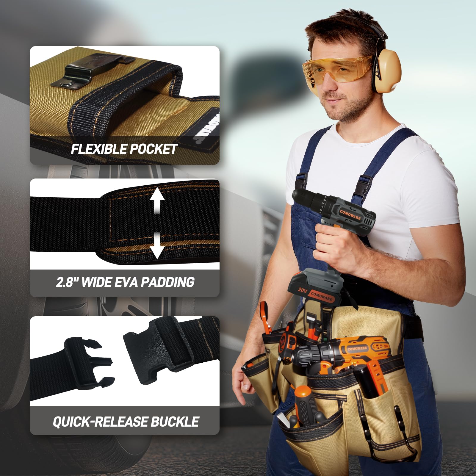 COMOWARE tool belt padded waist distributes weight for comfortable all-day wear.
