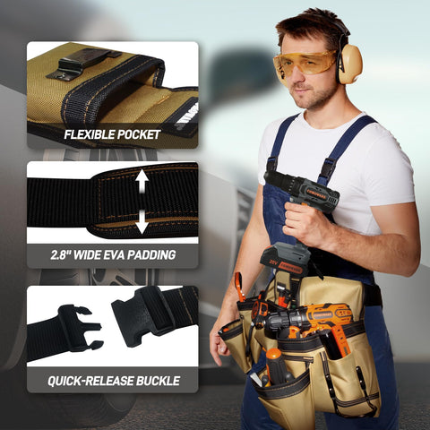 COMOWARE tool belt padded waist distributes weight for comfortable all-day wear.