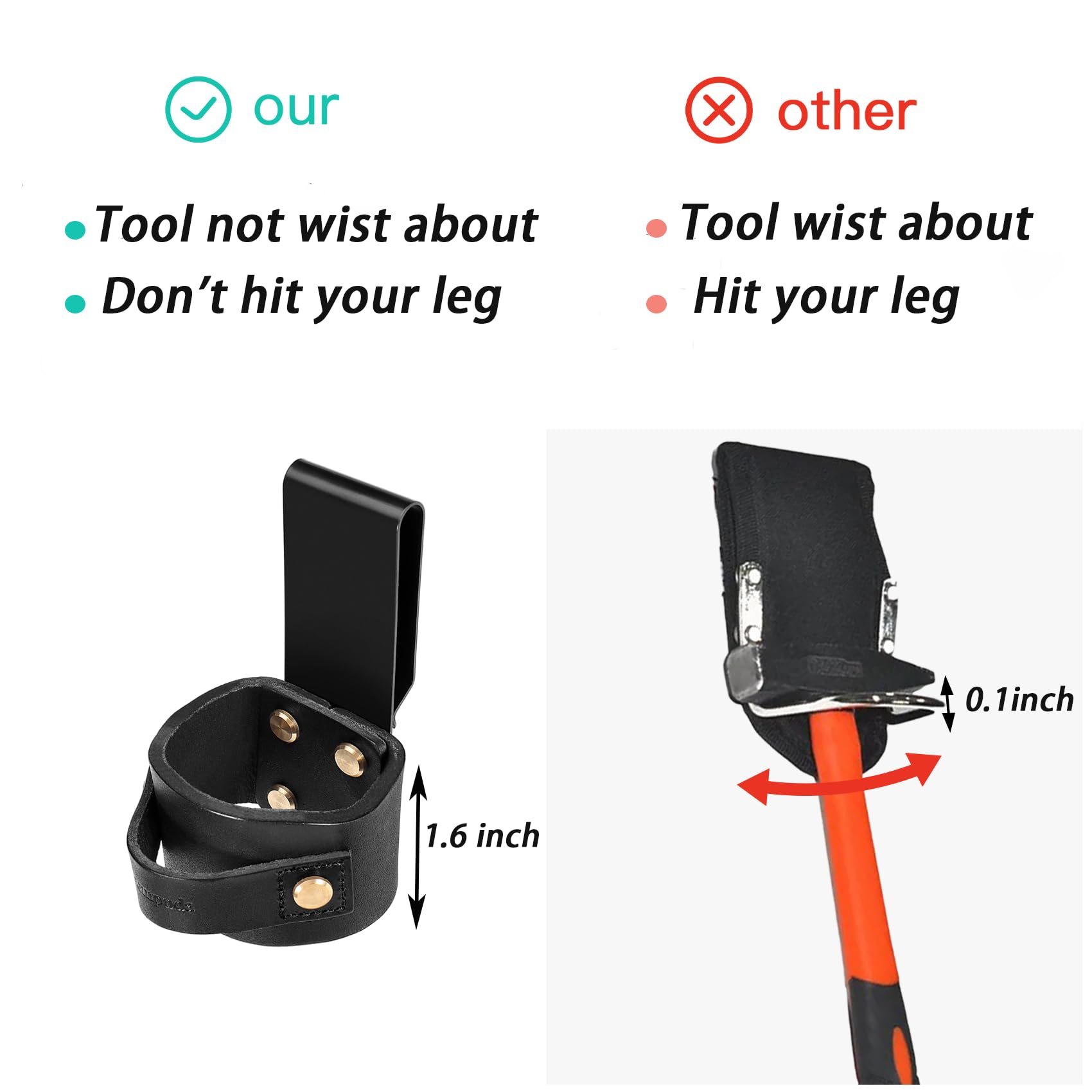 Compuda Hammer Holster tape measure buckle helps keep tools organized on site.