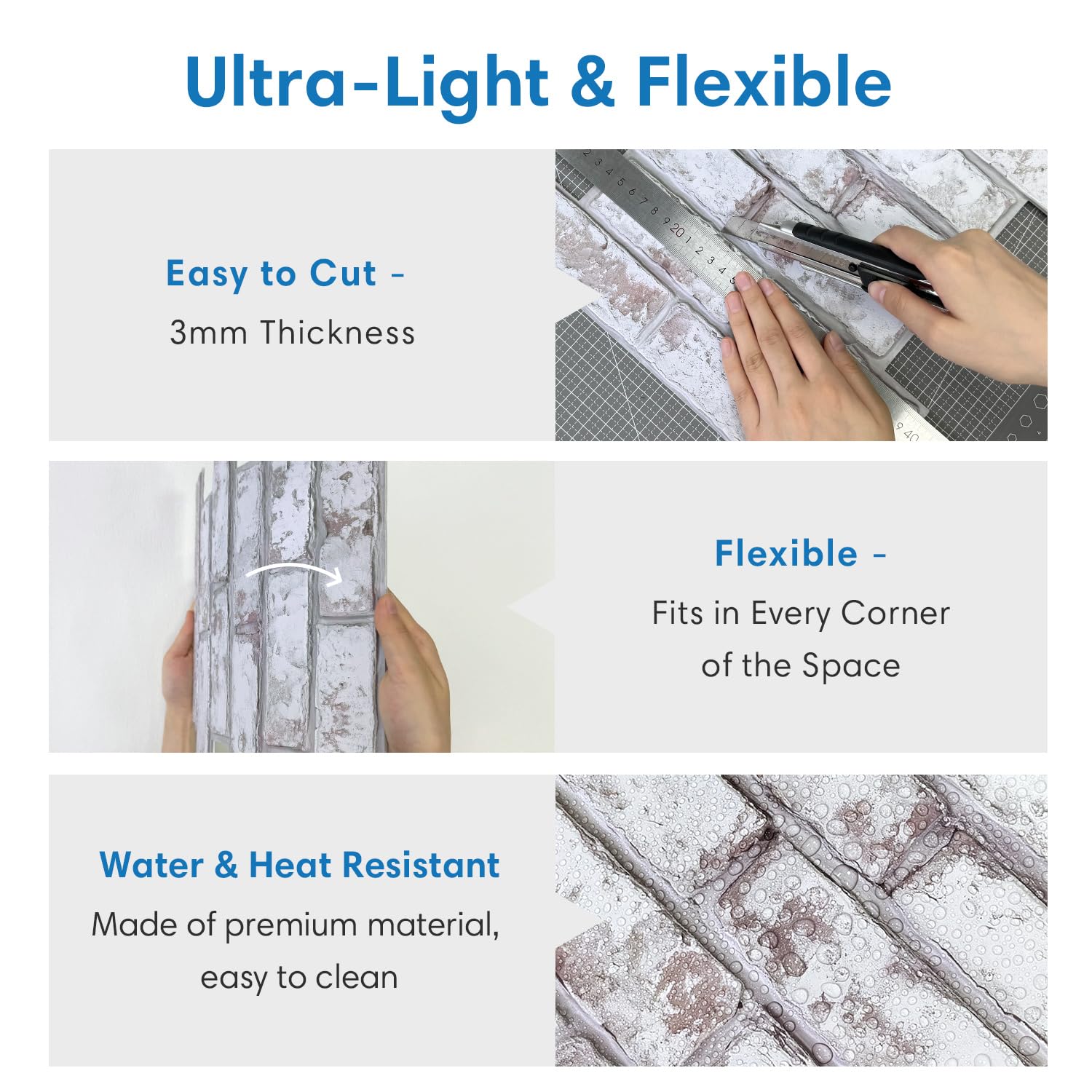 COMSTICKC adhesive-backed brick panel provides secure, mess-free application.