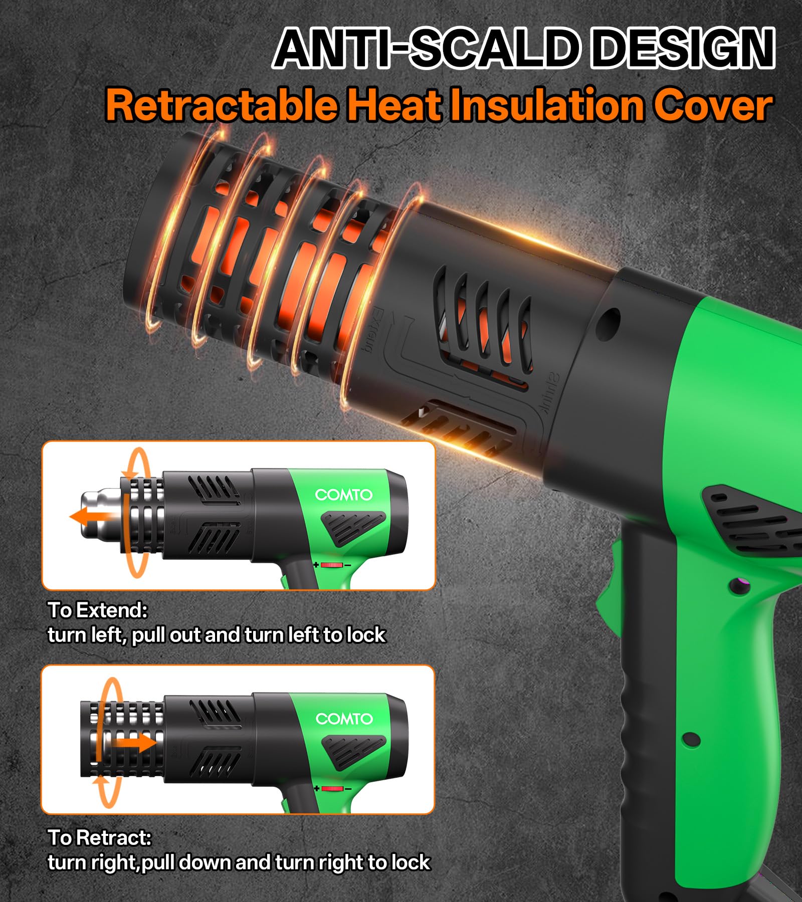 COMTO SG-1004 retractable heat cover helps protect hands during use.