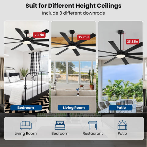 Conciseer eight-blade dual-color black and wood grain design enhances room aesthetics.