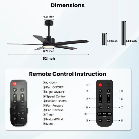 Conciseer black-finish contemporary ceiling fan enhances room aesthetics.