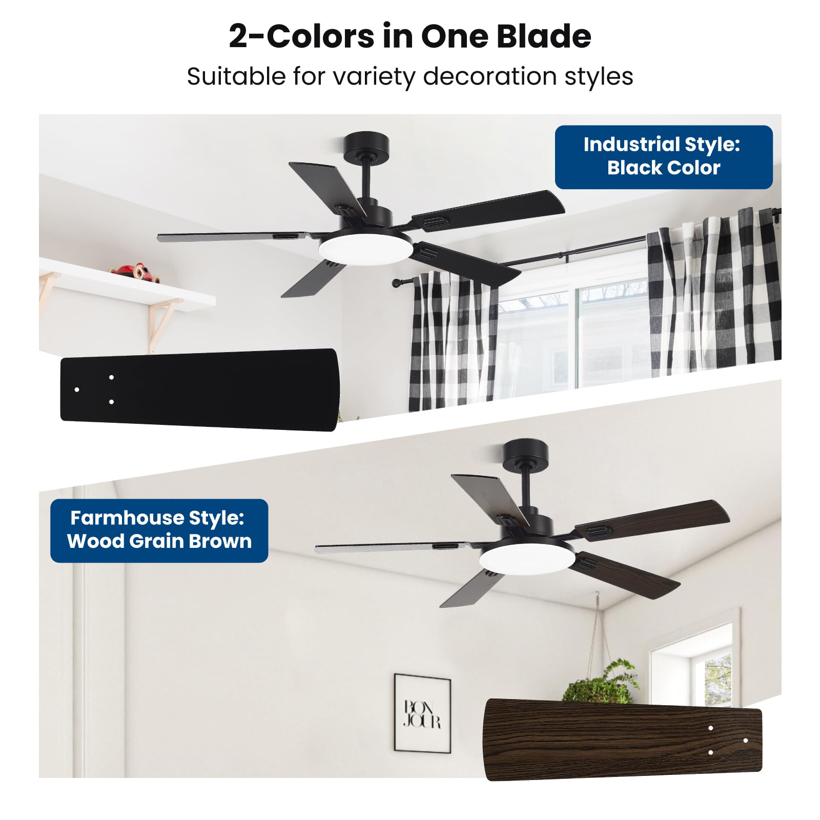 Conciseer black wood-grain five-blade ceiling fan enhances modern rooms