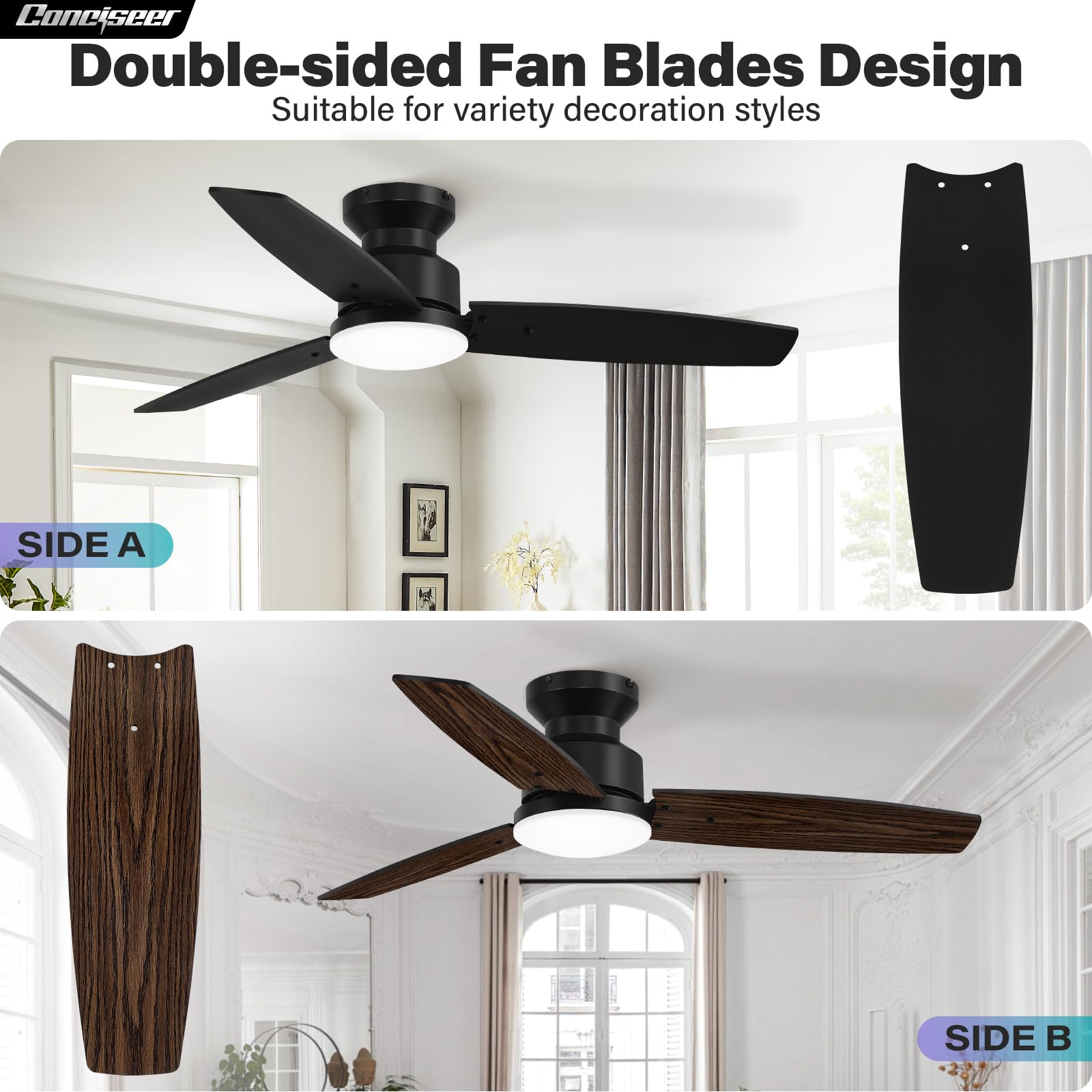 Conciseer black and wood grain blades viewed from the side