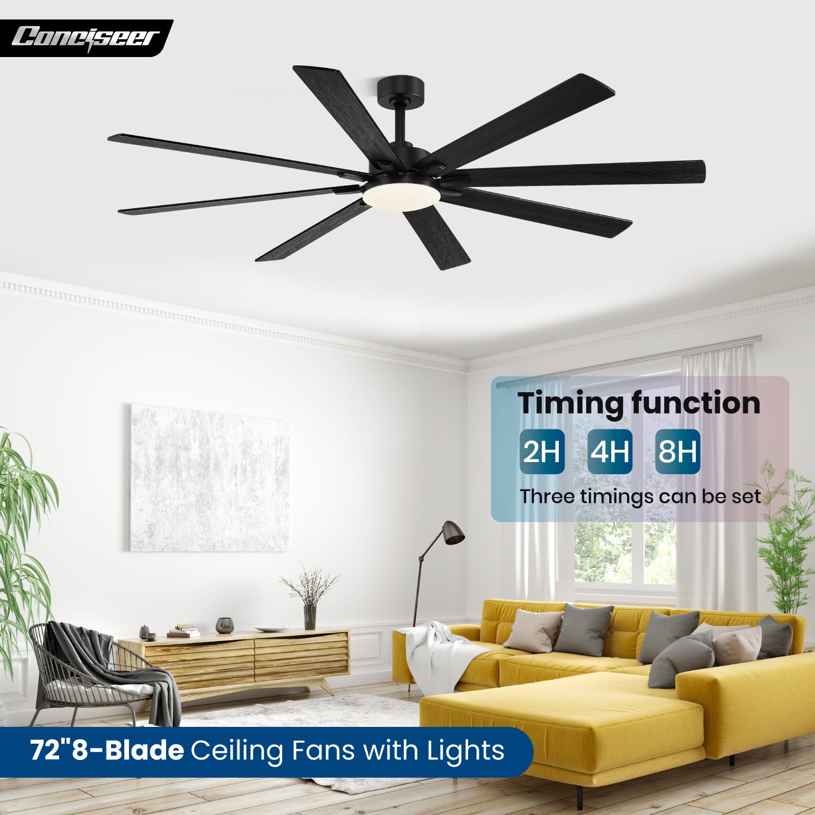 Conciseer black wood-grain finish complements contemporary living rooms.