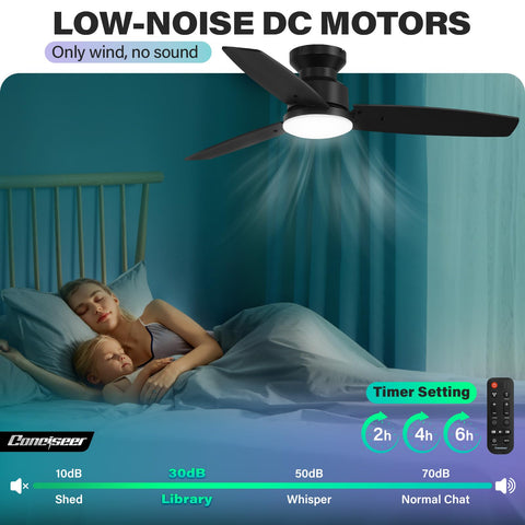 Conciseer ceiling fan with remote control and integrated light for versatile use
