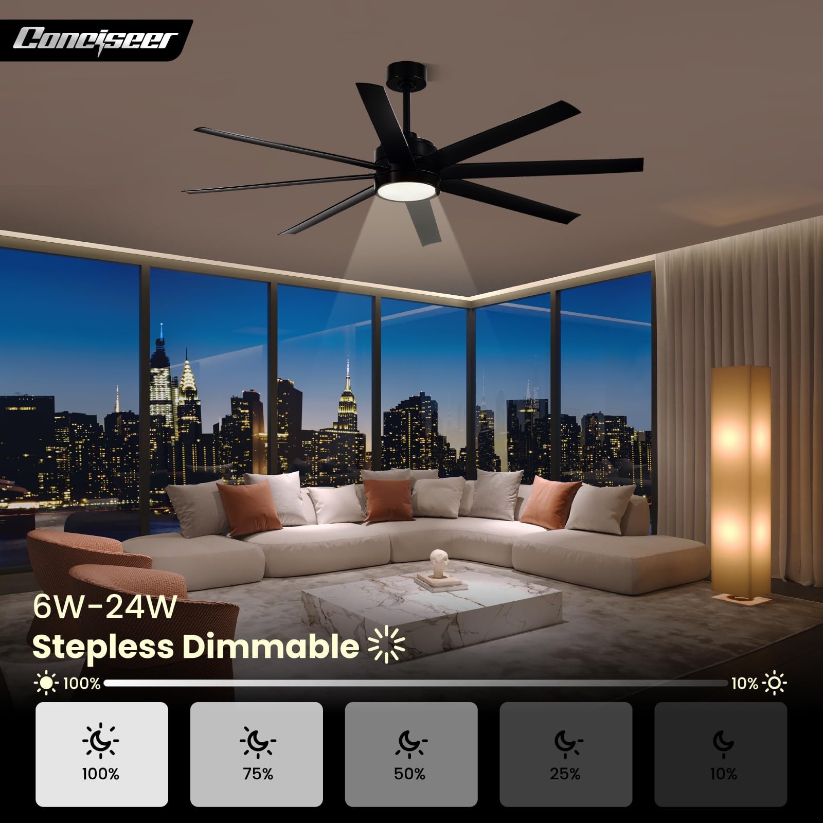 Conciseer eight-blade design delivering smooth quiet airflow