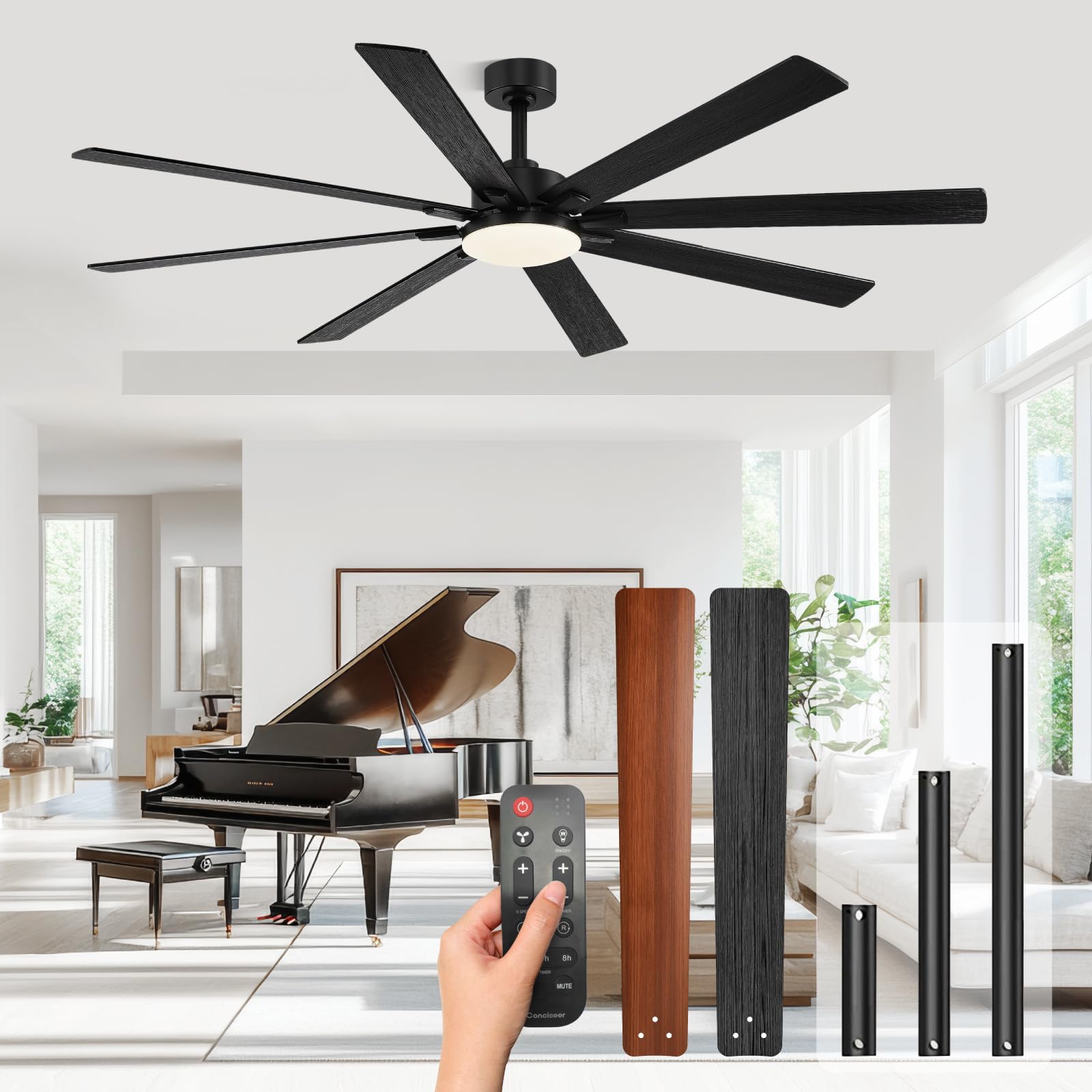Conciseer modern 72-inch ceiling fan with light and remote for large spaces.