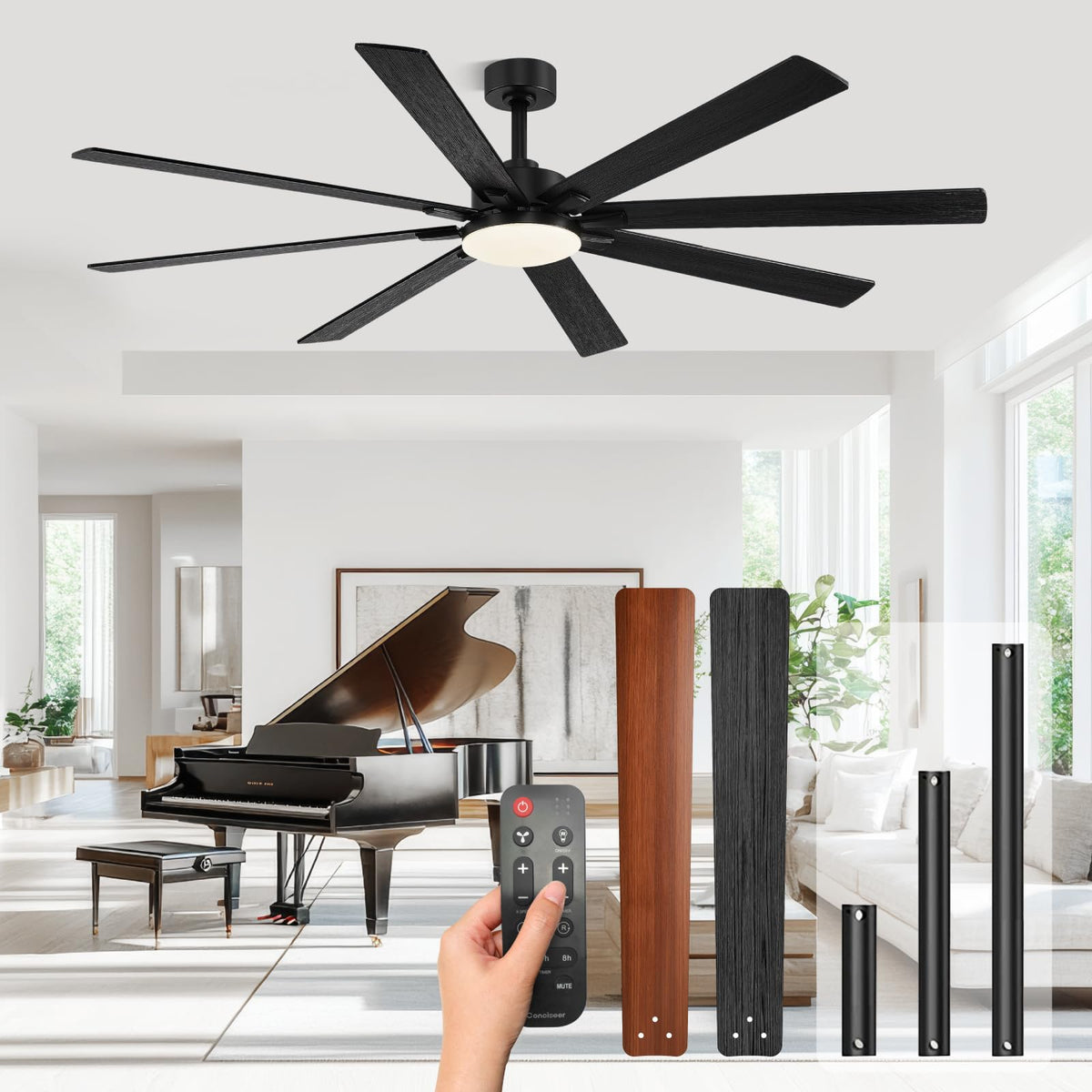 Conciseer modern 72-inch ceiling fan with light and remote for large spaces.