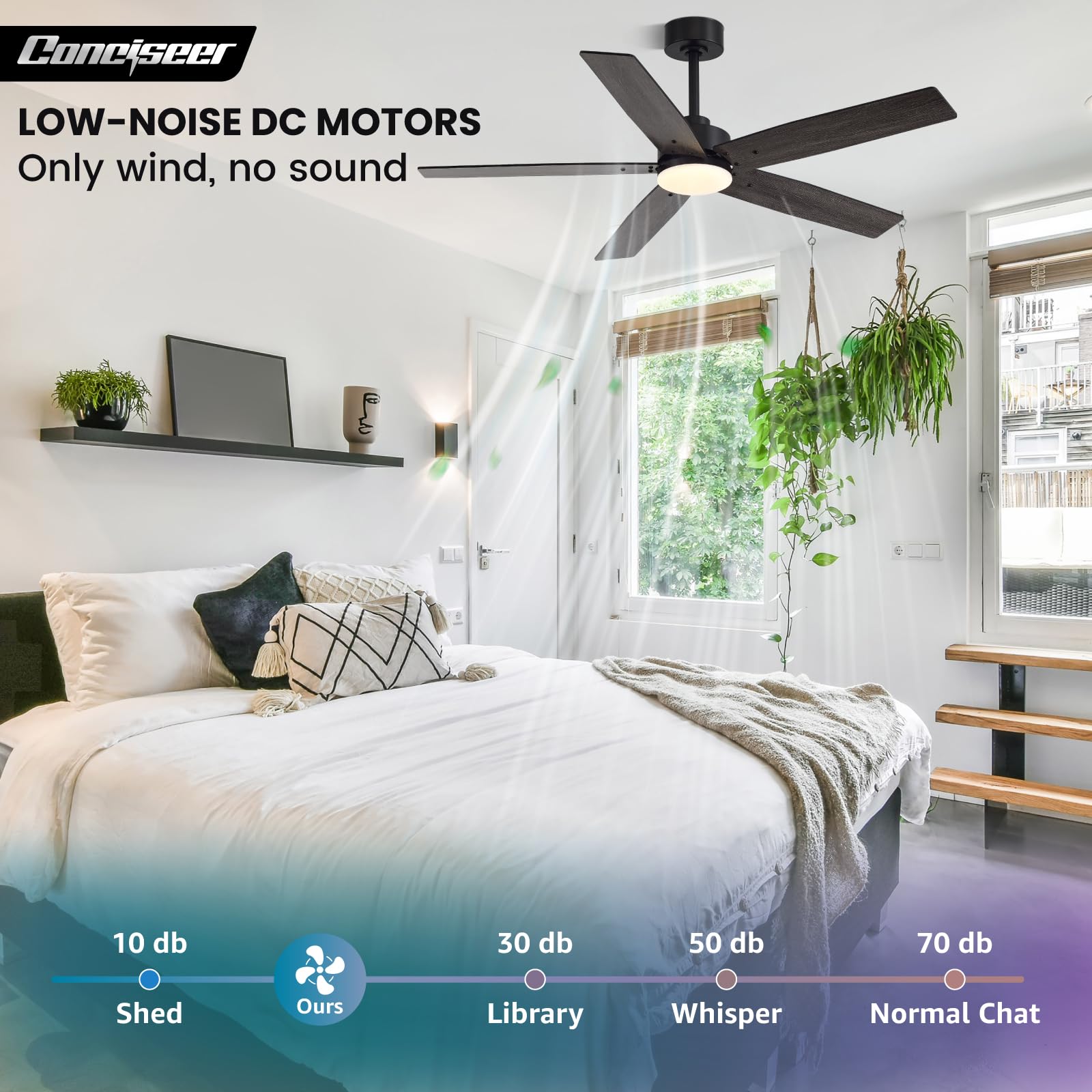 Conciseer modern ceiling fan assembly demonstrating clean lines and dual-color blades.