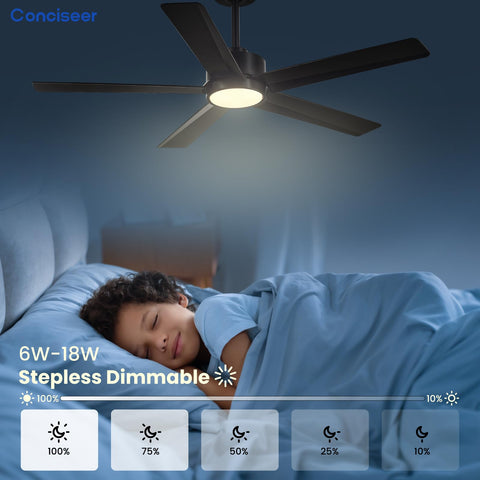 Conciseer remote control enables independent light and fan speed adjustments.