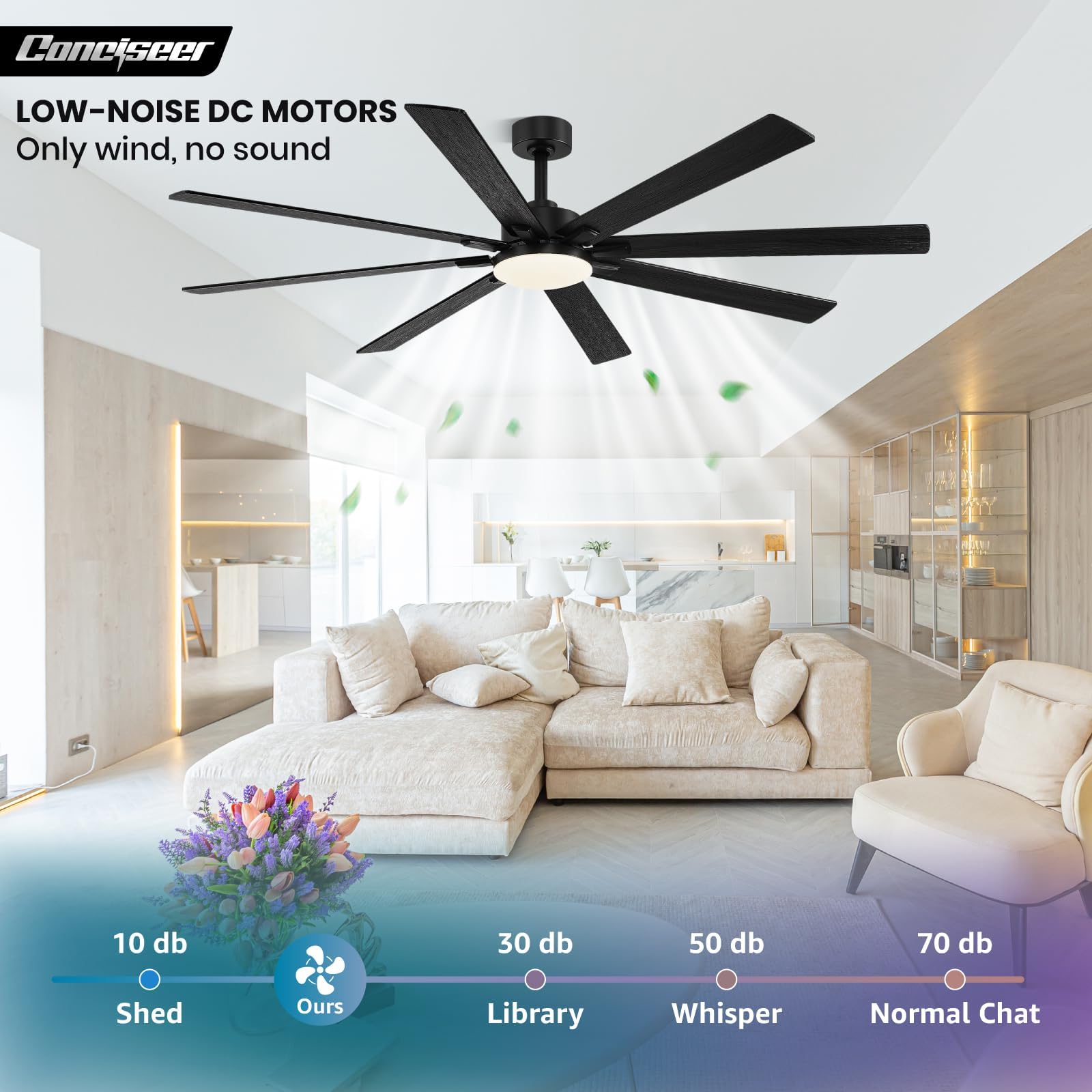 Conciseer super-thin ceiling fan fits modern interiors with a slim profile.
