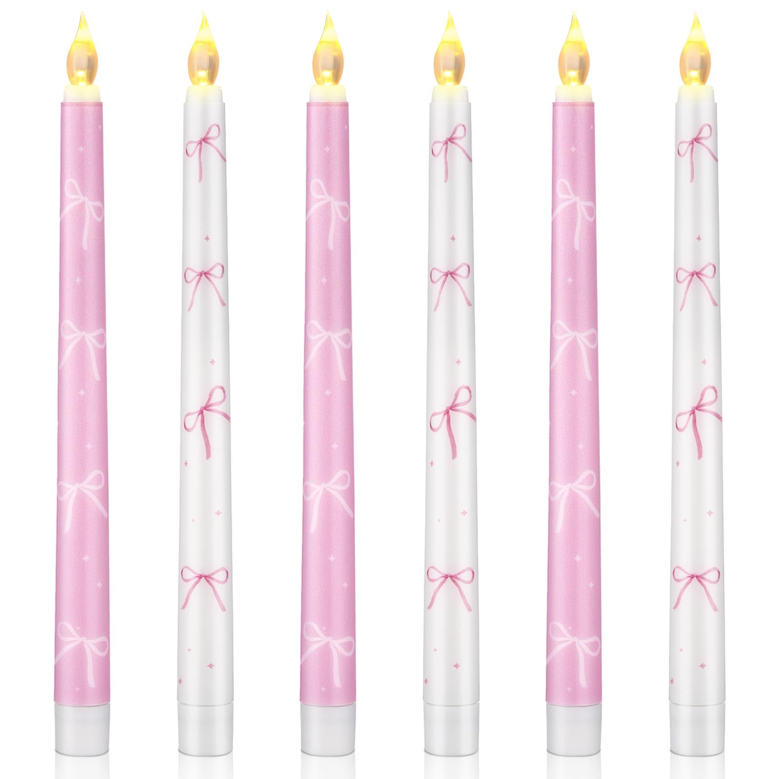 Conelist Coquette pink bow flameless taper candle closeup with warm LED glow for romantic ambiance.