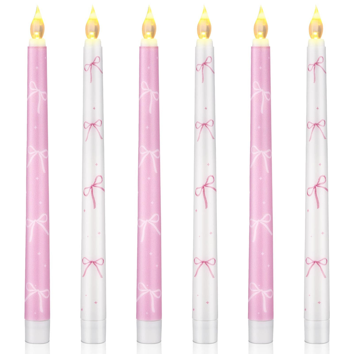 Conelist Coquette pink bow flameless taper candle closeup with warm LED glow for romantic ambiance.