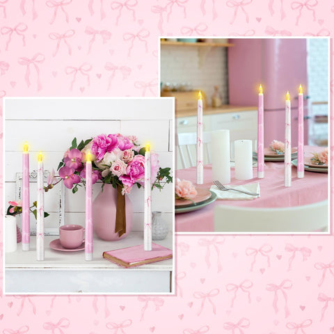 Conelist Coquette pink bow flameless taper candle on dining table for elegant celebrations.