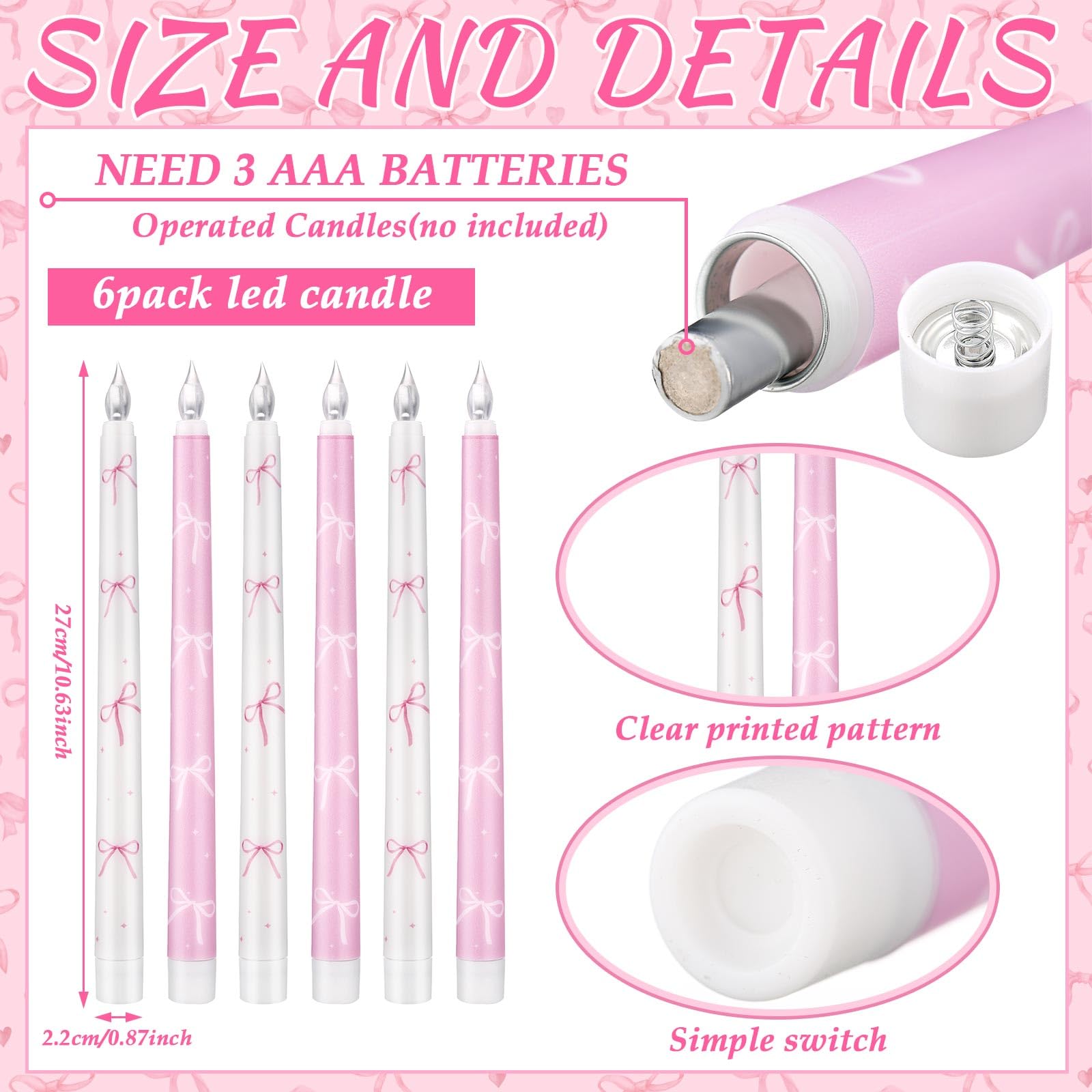 Conelist Coquette pink bow flameless taper candle pack showing six-piece set.