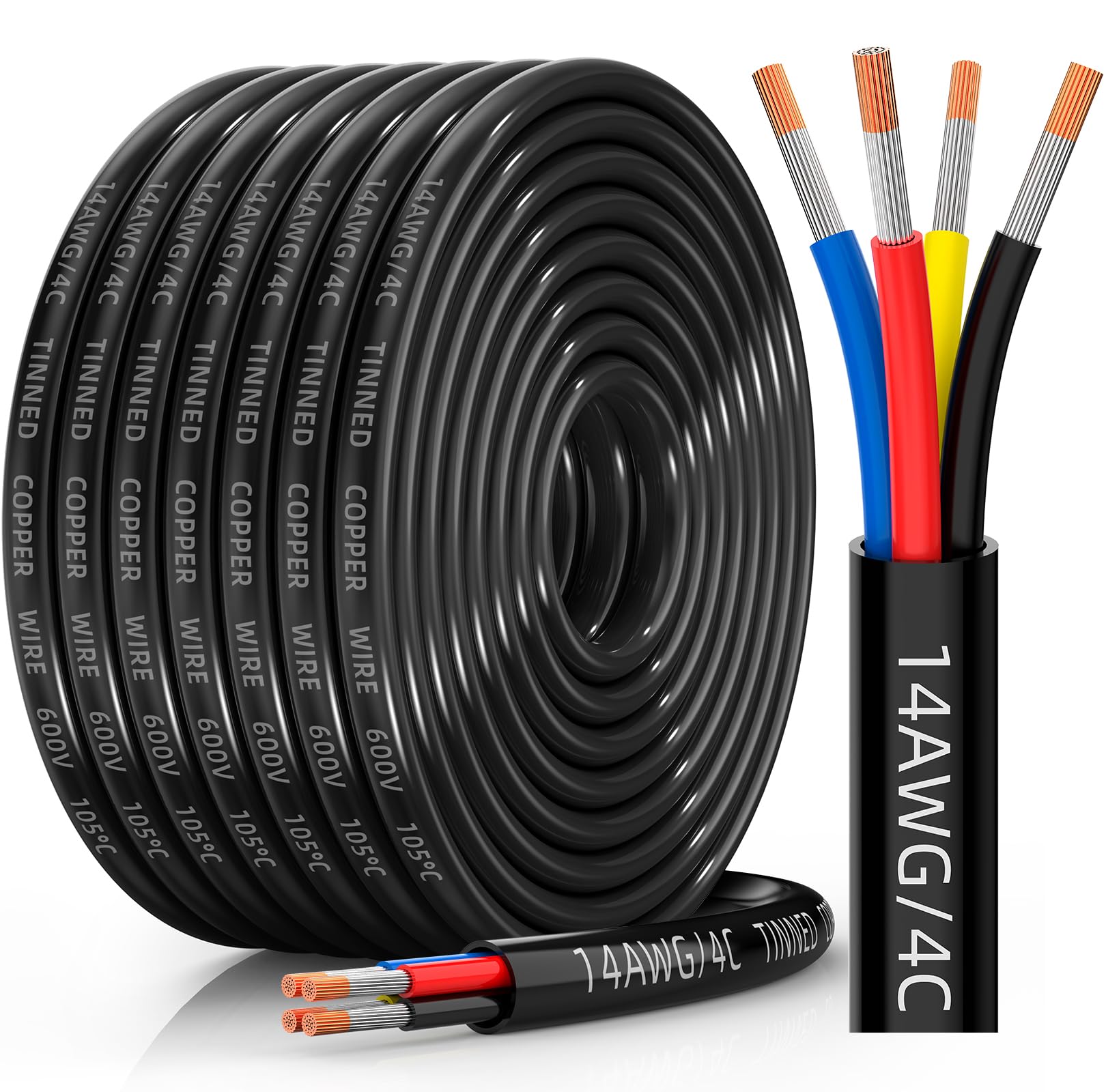 CONEPY 14-gauge 4-conductor wire spool demonstrating robust low-voltage wiring for LED and solar projects.