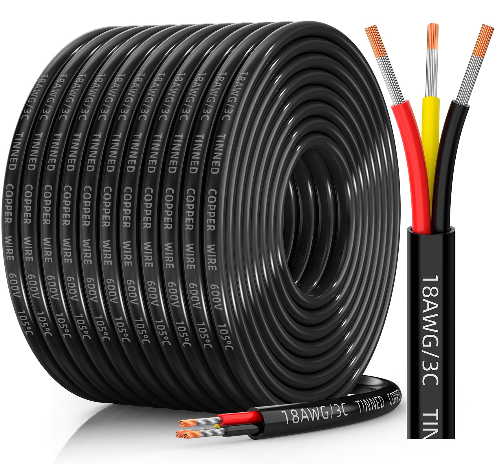 CONEPY 18AWG 3-conductor wire coil, flexible low-voltage cabling for LED projects.
