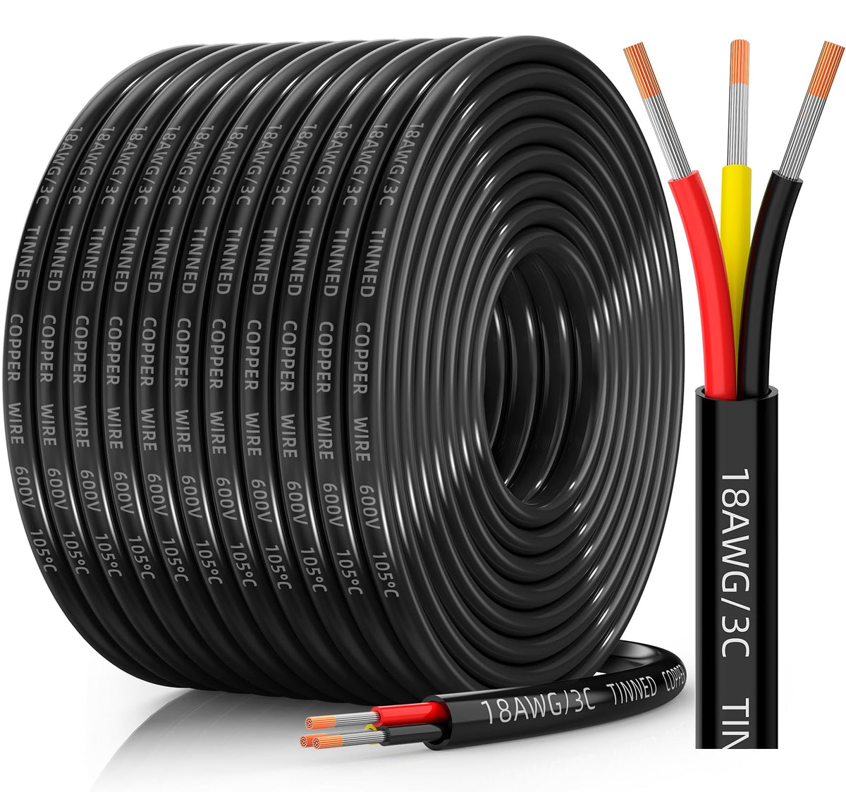 CONEPY 18AWG 3-conductor wire coil, flexible low-voltage cabling for LED projects.
