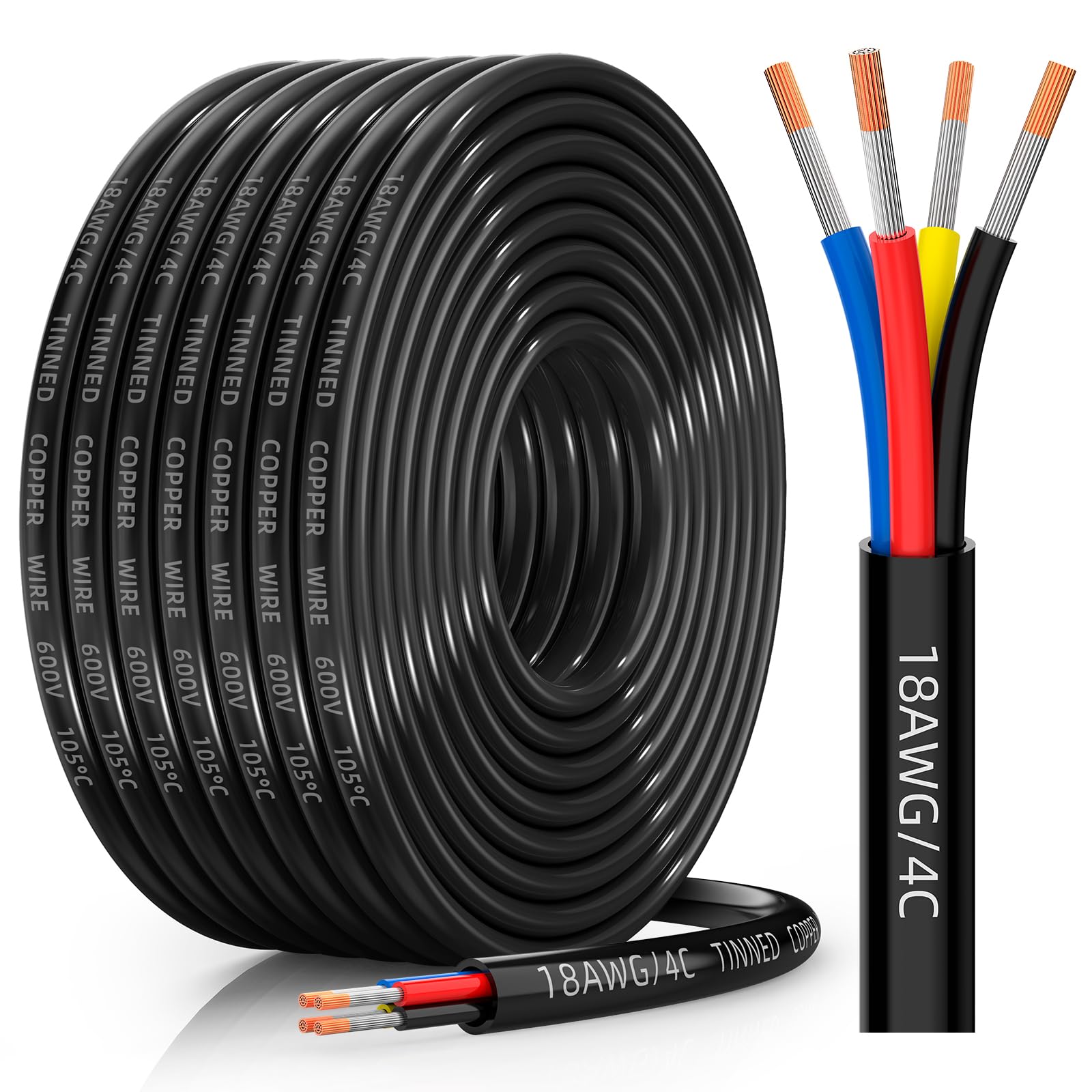 CONEPY 18AWG 4-conductor wire closeup shows flexible tinned copper strands for steady low-voltage power