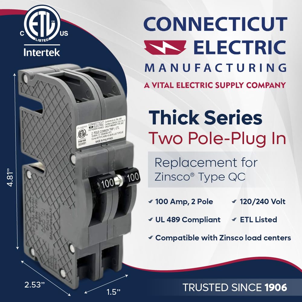 Connecticut Electric QCAL100 replacement breaker demonstrates Zinsco compatibility for reliable service.