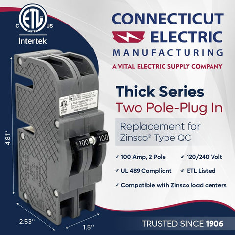 Connecticut Electric QCAL100 replacement breaker demonstrates Zinsco compatibility for reliable service.