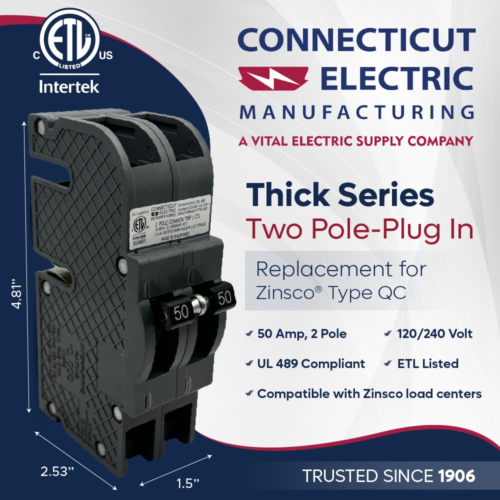 UBIZ250-1 label detail highlights QC50 compatibility for Zinsco panels.