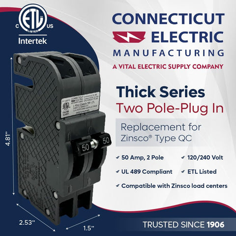 UBIZ250-1 label detail highlights QC50 compatibility for Zinsco panels.
