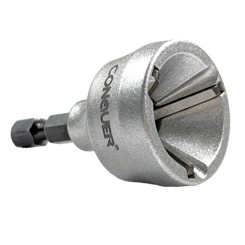 CONQUER HSS deburring tool with quick-release hex shank for clean external chamfers.