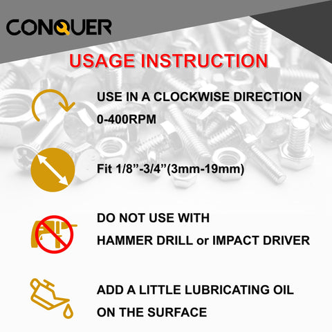 CONQUER HSS deburring tool handles 1/8 to 3/4 inch diameters.
