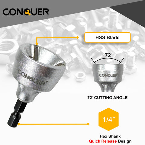 CONQUER HSS deburring tool demonstrates bolt deburring with precise edge finishing.