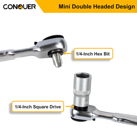 CONQUER Mini Combo 1/4 square drive supports sockets and hex bits for quick repairs.
