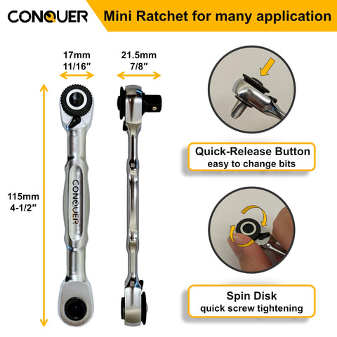 CONQUER Mini Combo 72-tooth gear head enables precise turning in tight spaces.