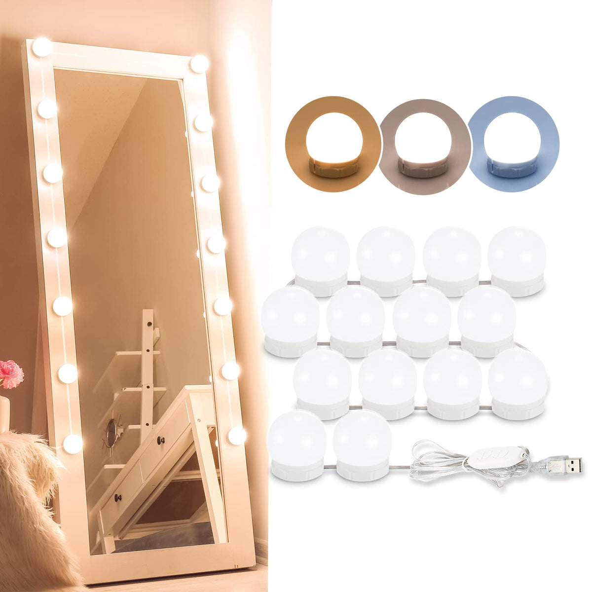 Consciot LED vanity lights surround the mirror for even makeup lighting.