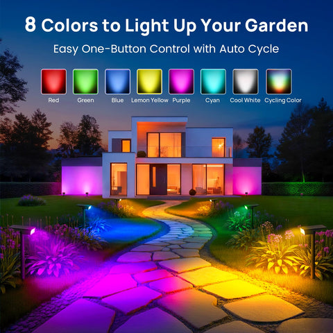 Consciot solar spot light color cycle mode adds dynamic garden lighting.