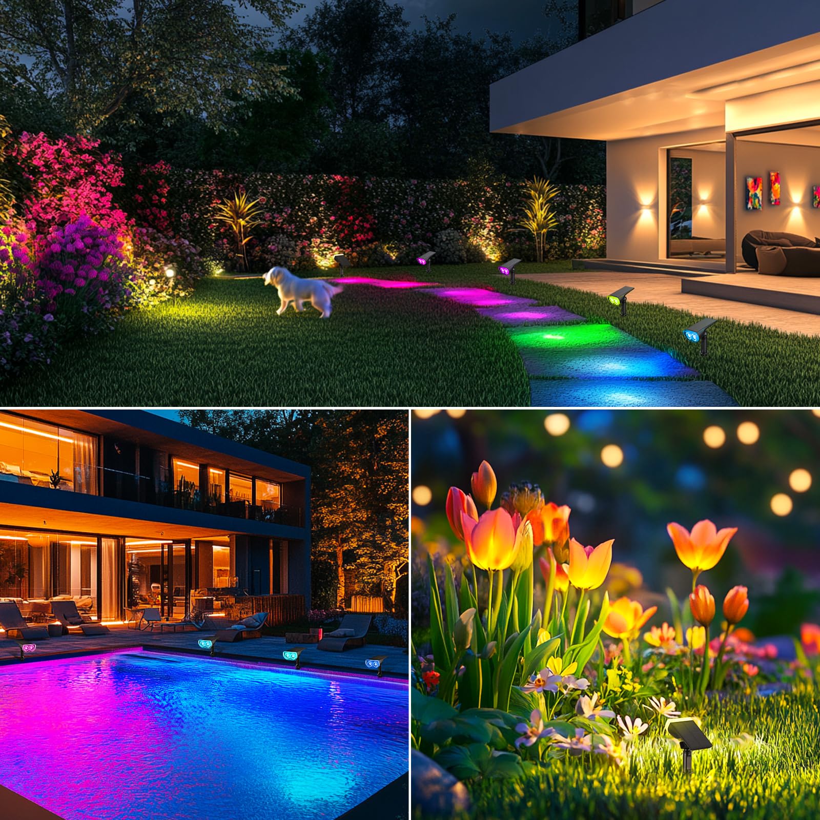 Consciot solar spot light night illumination highlighting trees and driveways