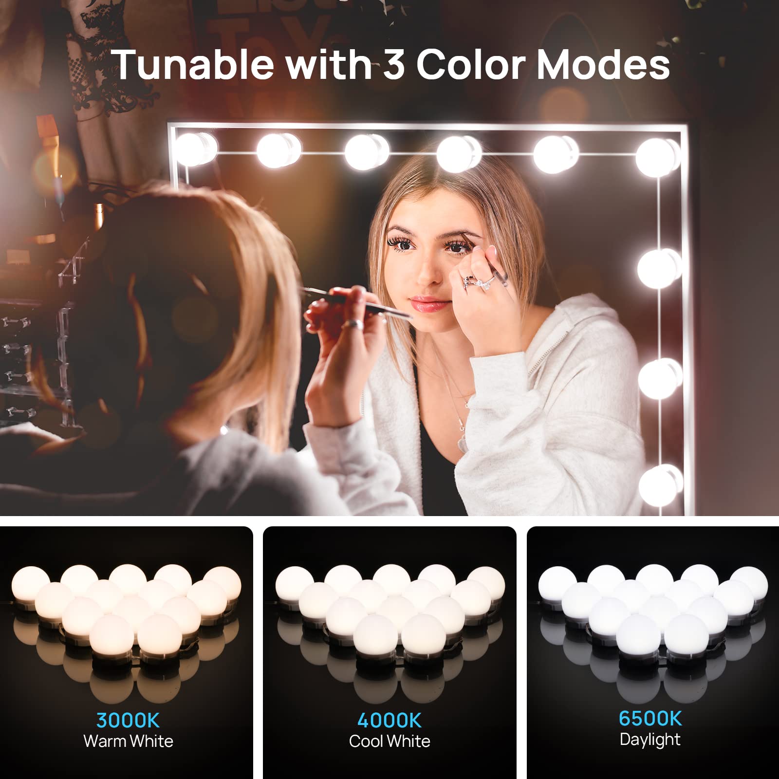 Consciot mirror lights attach with adhesive for quick, mark-free installation.