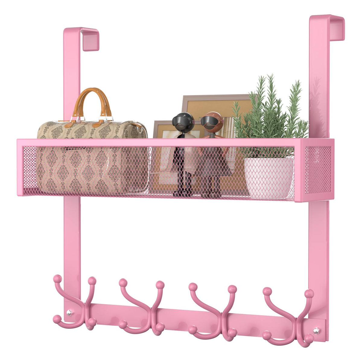 Consumest over-the-door hooks organizer with 16 hooks and two baskets.