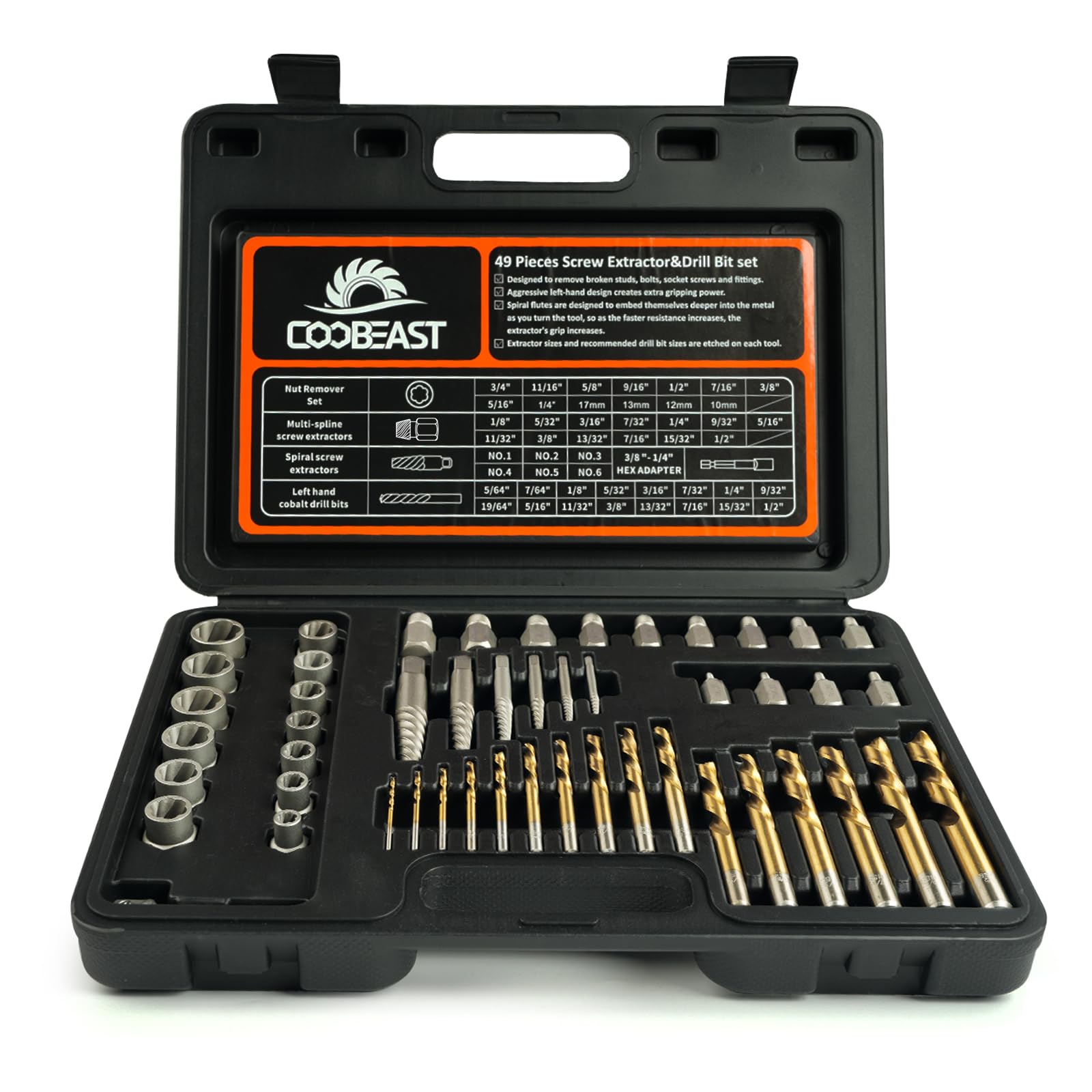Coobeast 49Pcs bolt extractor kit laid out for efficiency in quick nut removal