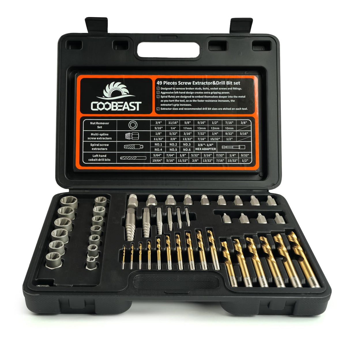Coobeast 49Pcs bolt extractor kit laid out for efficiency in quick nut removal