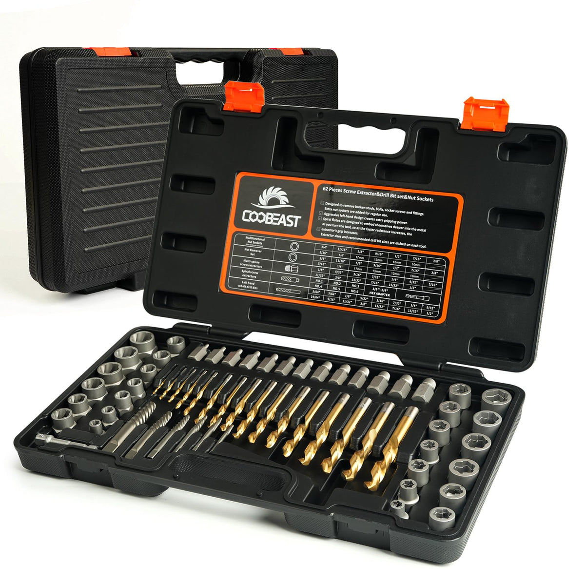 Coobeast 62Pcs screw extractor set with left-hand drill bits for tough bolts.