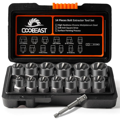 Coobeast bolt extractor set organized in a sturdy case for tough fasteners