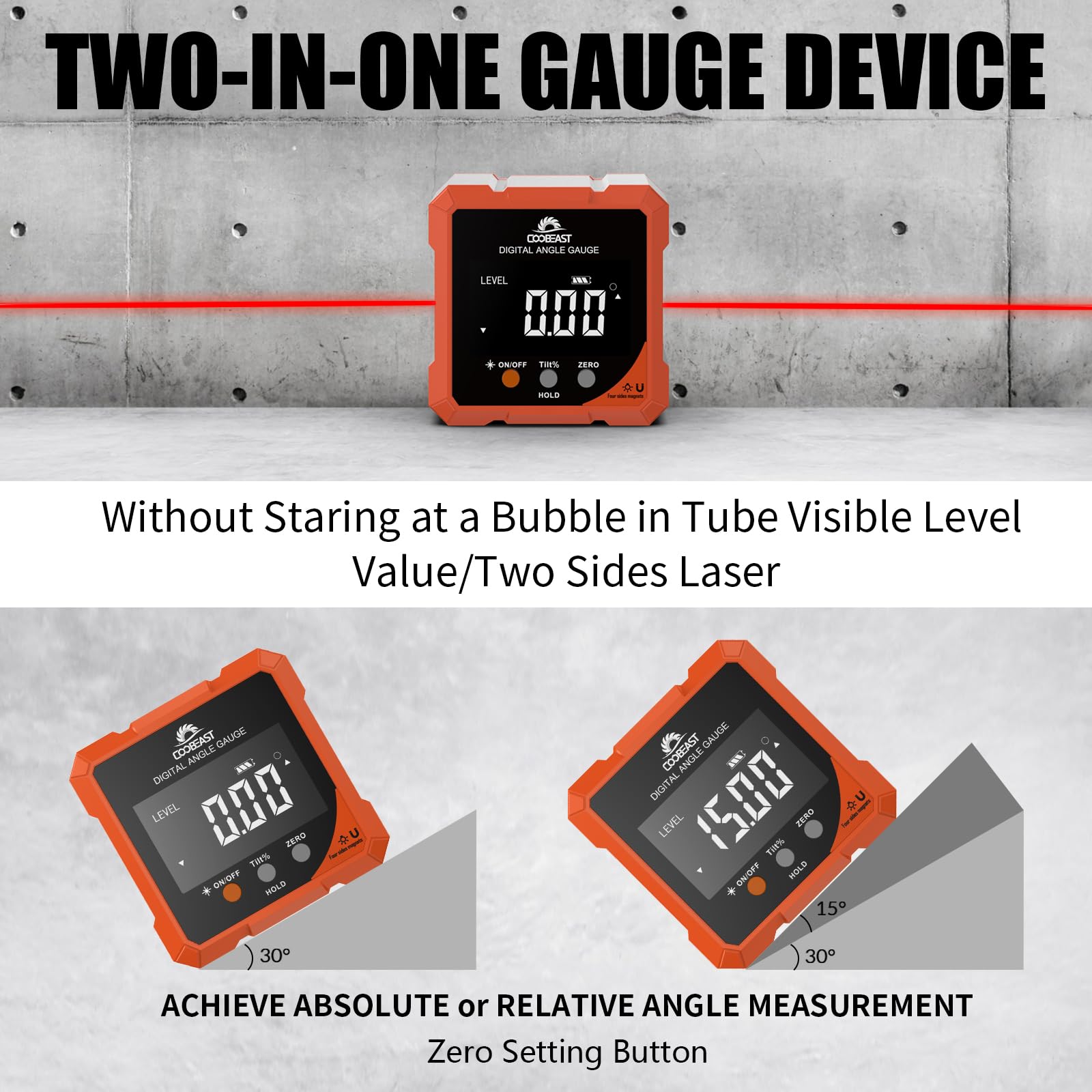Coobeast digital angle finder on magnetic sides securing stable measurements