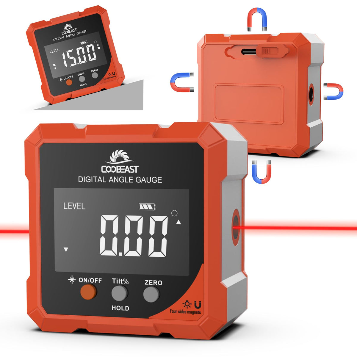 Coobeast digital angle finder with laser front view for quick level checks