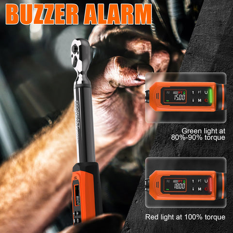 Coobeast Torque Wrench buzzer and LED indicators alert at thresholds.