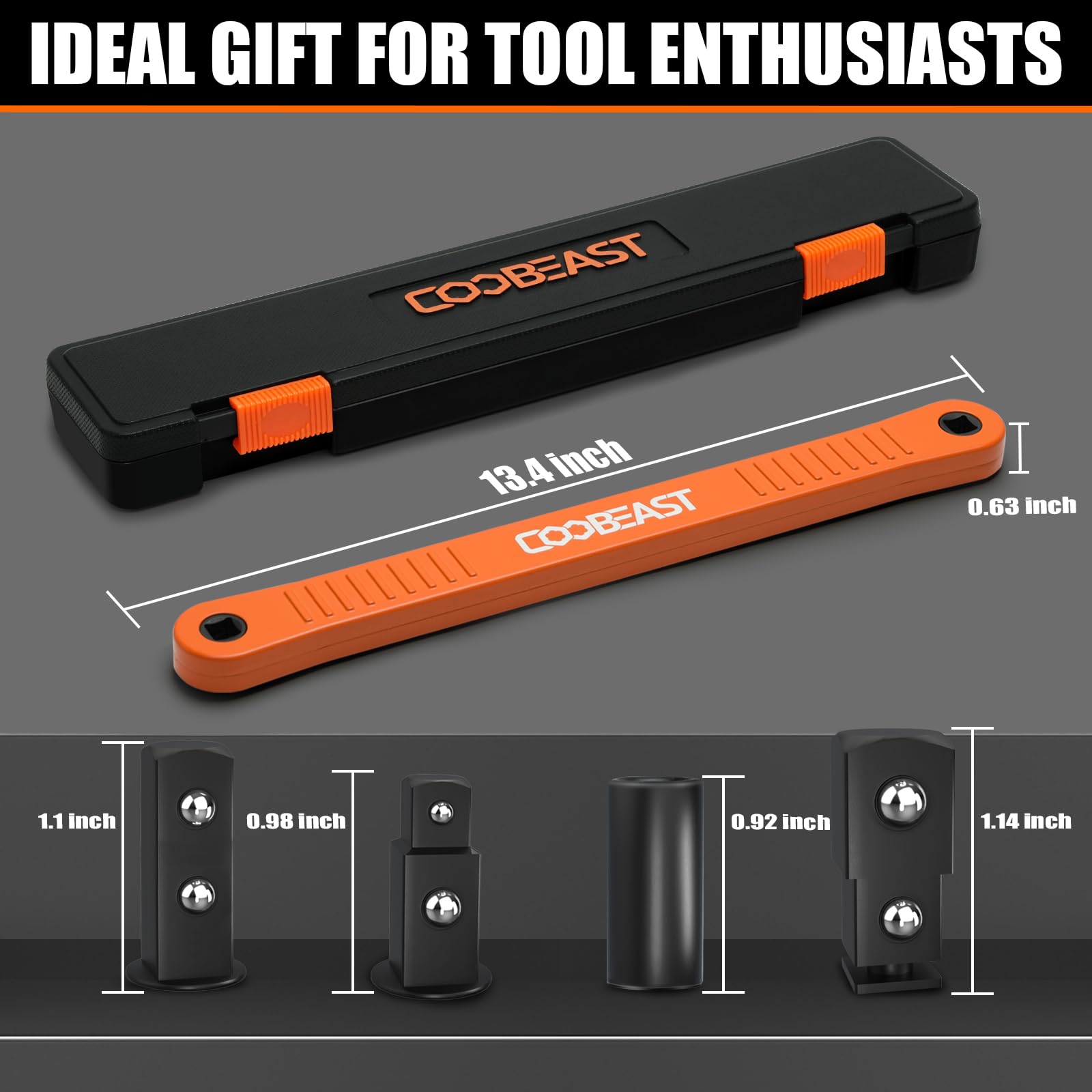 coobeast extension wrench showing 1/4, 3/8, 1/2 square drive adapters