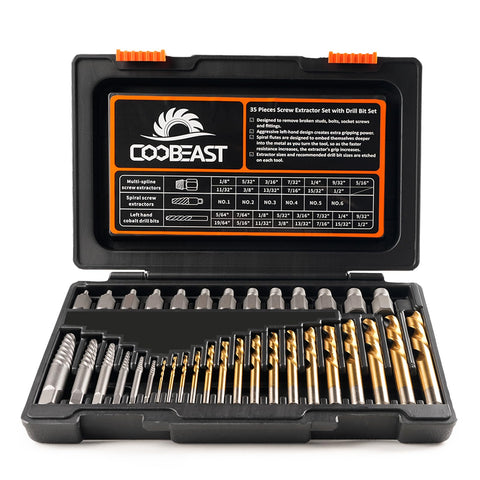 Coobeast left-hand drill bits in case ready for bolt removal tasks