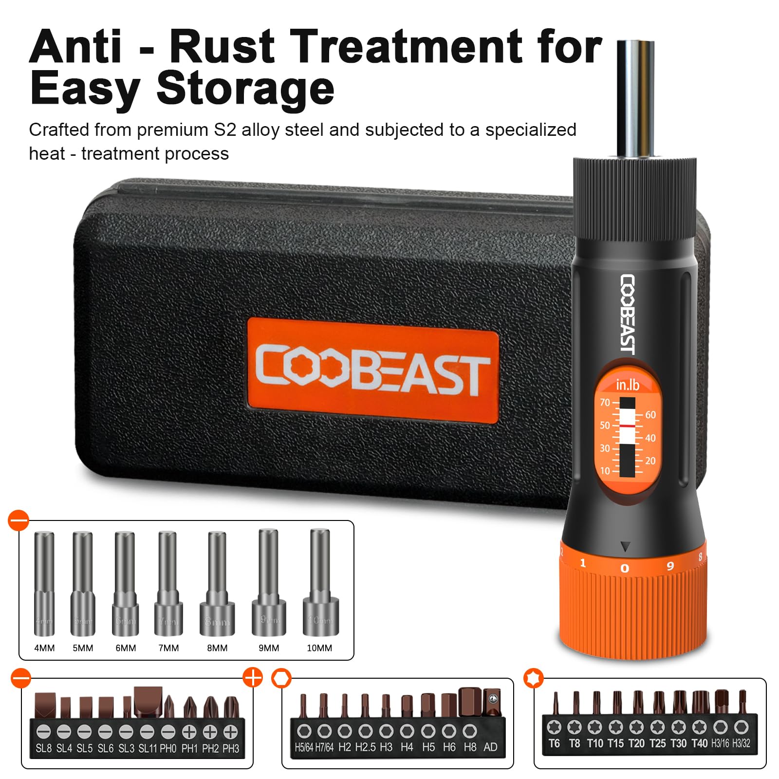 Varied bits and sockets included with Coobeast kit for multiple fastener types.