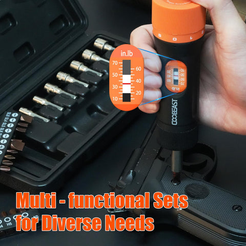 Close-up of torque scale on Coobeast screwdriver showing 10-70 in-lbs range.
